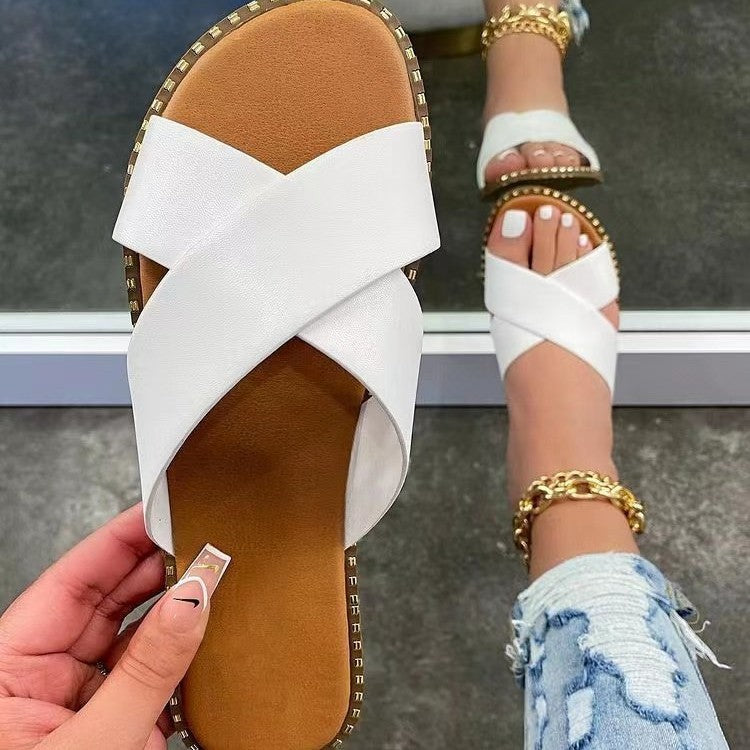 Dam Sandaler Tvärdesign Syntetiskt Läder med Gulddekoration-2