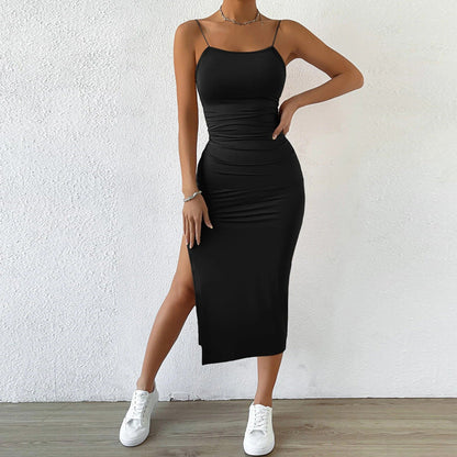 Dam Klänning Bodycon Midi Rektangulär Halsringning Polyester med Slits-1
