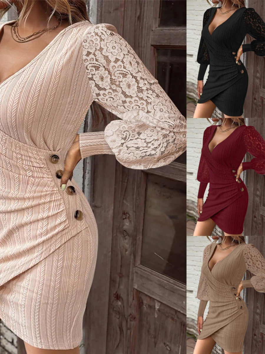 Dam Bodycon Klänning V-ringning Långärmad Polyester Midi-2