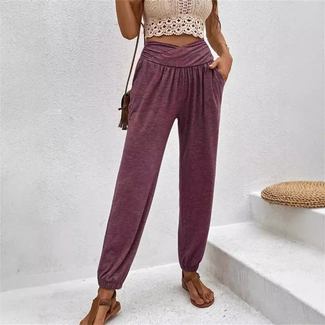 Kvinnors Långa Byxor Hög Midja Elastisk Bomull-3