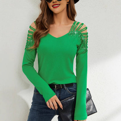 Långärmad T-shirt Dam med Rhinestones i Mjuk Rayon-4