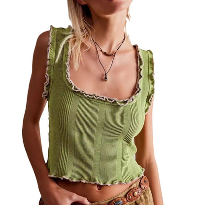 Dam Stickad Väst Fyrkantig Halsringning med Ruffle Akryl-4