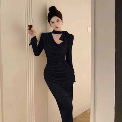 Kvinnors Lång Klänning Klockärmar Knappdesign Polyester-2