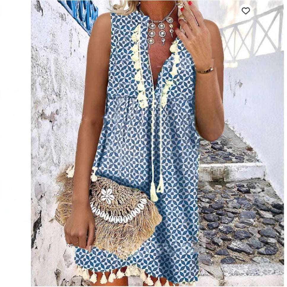 A-Line Klänning för Kvinna med V-ringning och Fransärmar – Polyester, Ärmlös, Medellång, Perfekt för Sommarfester 2