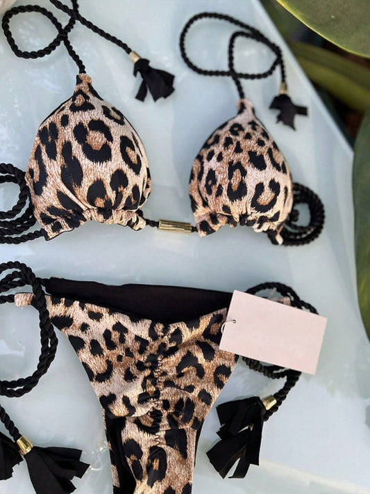 Kvinnors Bikini Set Triangel Snabbtorkande Tyg Leopardmönster-1
