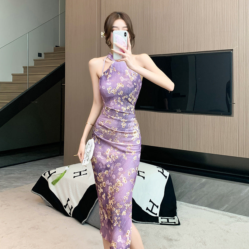Kvinnors Qipao Klänning Halterneck Slim Fit Polyester-4