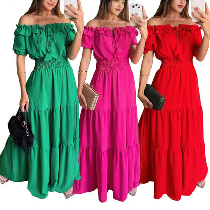 Damklänning Off-Shoulder Rynkad Midja Lång Polyester-2