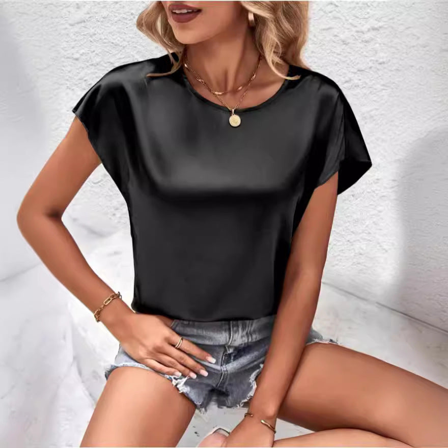 Dam Topp Batwing Ärmar Satin Avslappnad-2