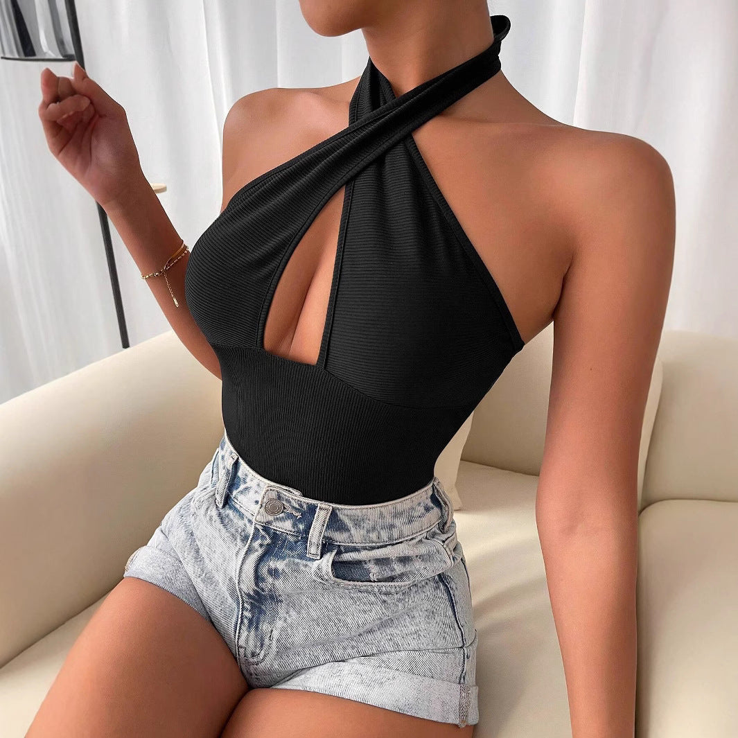 Dam Halterneck Bodysuit Utskärningar Stretchigt Tyg-4