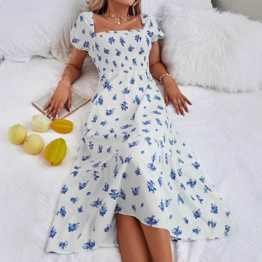 A-linjeformad Blomklänning för Dam med Fyrkantig Halsringning – Vit med Blå Blommor, Elastisk Midja, Storlekar S-XXL 5