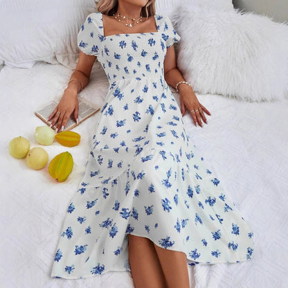 A-linjeformad Blomklänning för Dam med Fyrkantig Halsringning – Vit med Blå Blommor, Elastisk Midja, Storlekar S-XXL 5