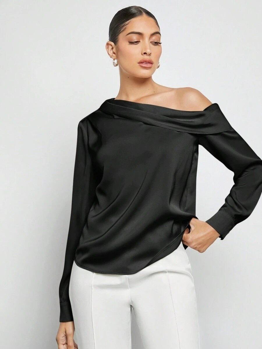 Dam Asymmetrisk Blus Off-Shoulder Satin-6