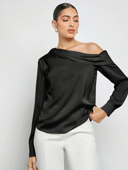 Dam Asymmetrisk Blus Off-Shoulder Satin-6