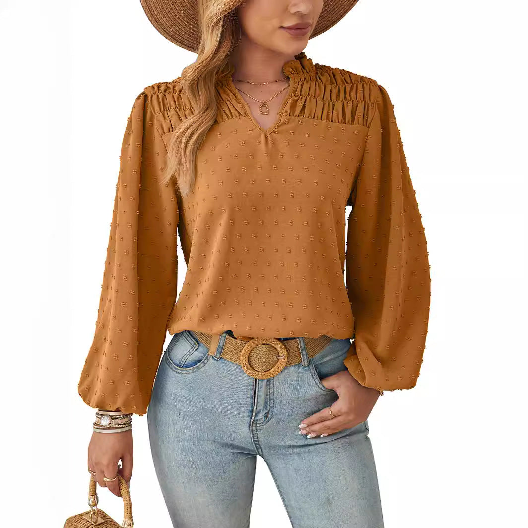 Dam Skjorta V-ringad Chiffon Veckad Jacquard-3