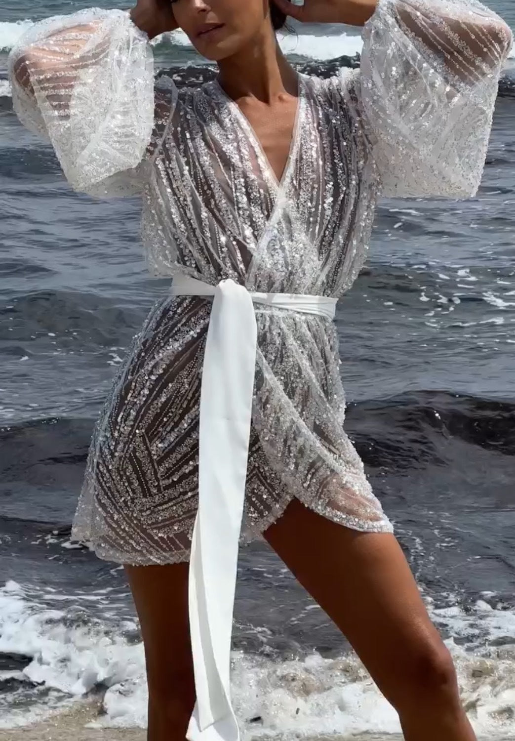 Variant image for Damklänning Asymmetrisk Långärmad Spandex med Glittrande Detaljer-1