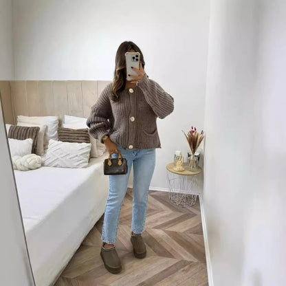 Kvinnors Stickad Kofta Öppen Design Bomull med Fickor-5