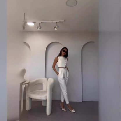 Högmidjade Nio-punktsbyxor med Ärmlös Topp för Dam – Spandexmaterial, Perfekt för Vardag och Fest 3