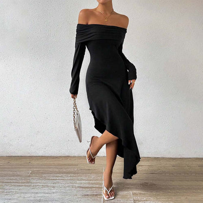 Maxiklänning Dam Off-Shoulder Asymmetrisk Mjuk Elastisk Tyg 3