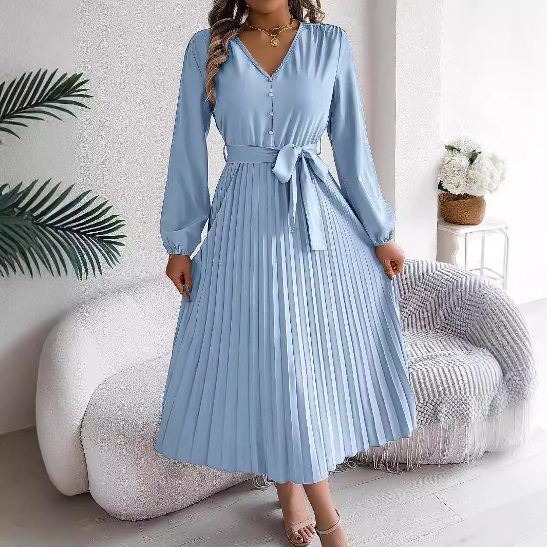 A-linjeformad Veckad Dam Klänning med Långa Ärmar i 100% Polyester – Elegant och Mångsidig Klänning för Fest och Vardag 4