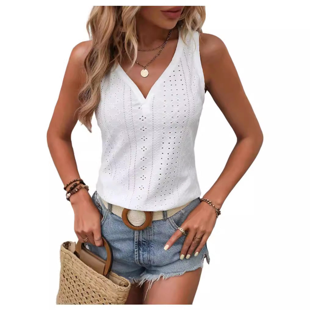 Dam Löst Sittande Tank Top V-Ringning Polyester-3