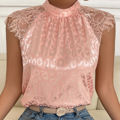 Variant image for Blus Dam Leopardmönstrad med Halvhög Krage och Spetsärmar Polyester-1