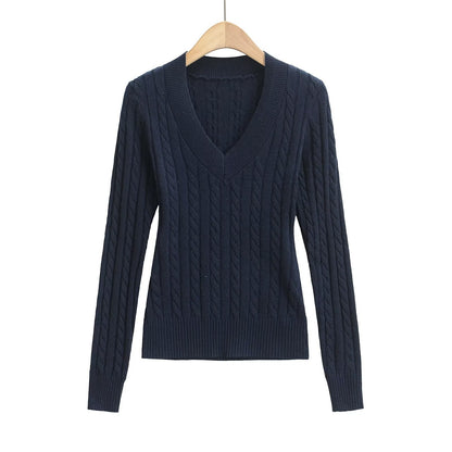 Dam Stickad Tröja V-ringning Kabelmönster Bomull Avslappnad Passform 6