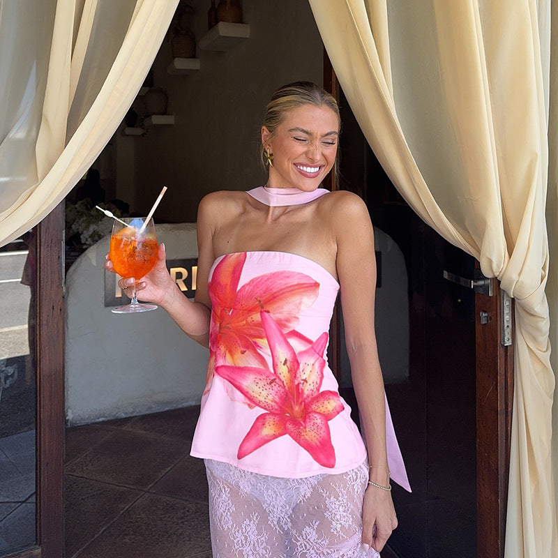 Dam Tankini Topp Blommigt Snabbtorkande Material med UV-skydd-3