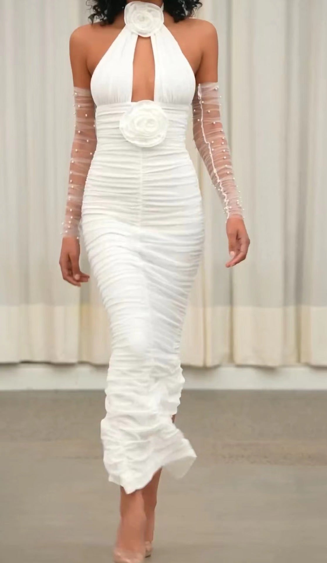 Dam Klänning Halter Asymmetrisk Nät Material-4