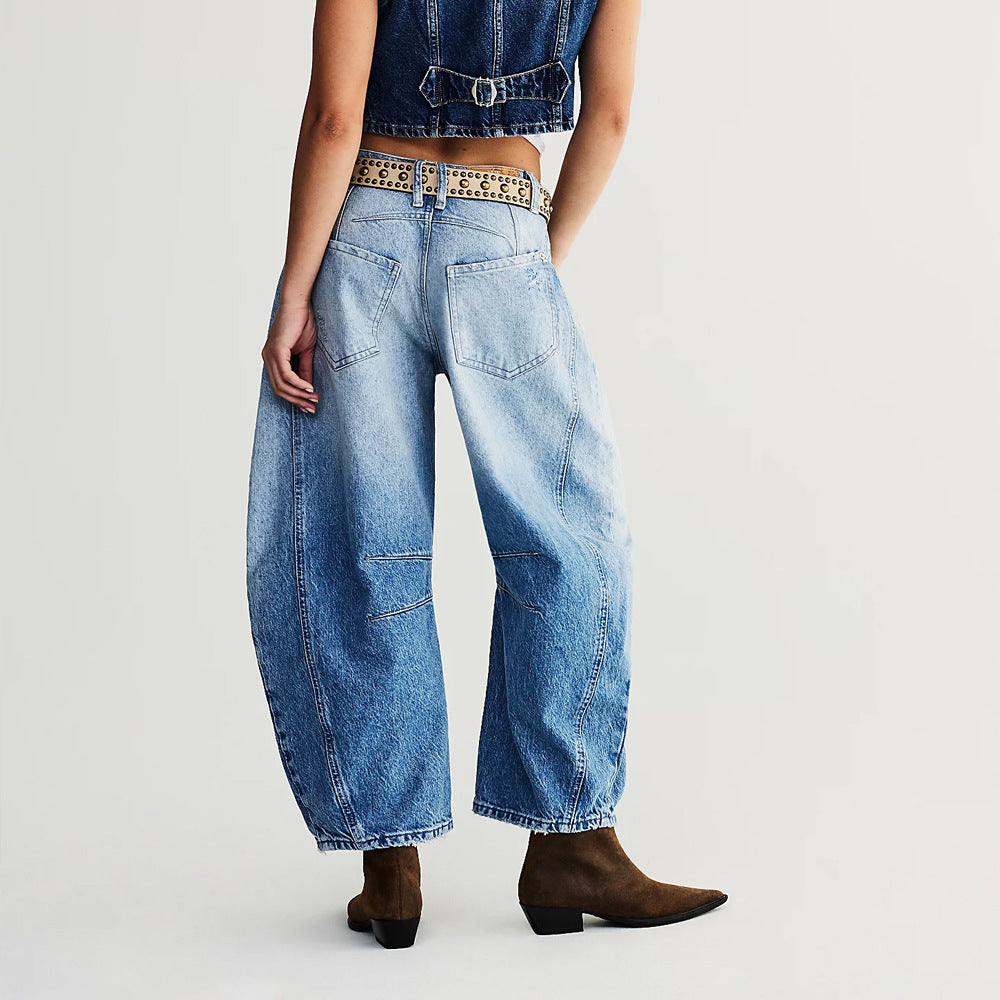 Dam Harembyxor Slitna Denim Medelhög Midja Breda Ben-4