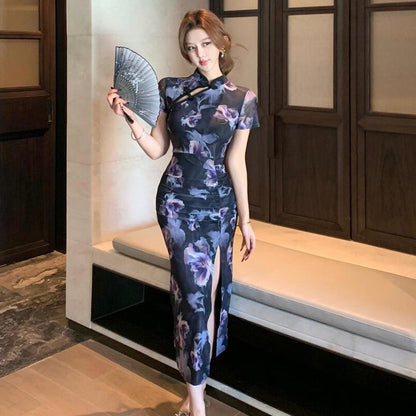 Kvinna Cheongsam Klänning Slim Fit Polyester Hög Slits Tre-Kvarts Ärmar-2