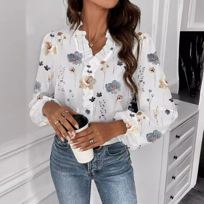 Dam Långärmad Skjorta Rufsad Polyester Elegant Loose Fit-5