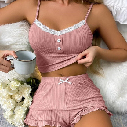 Dam Pyjamas Set Ärmlös Capri Polyester Med Ruffle Kanter 1