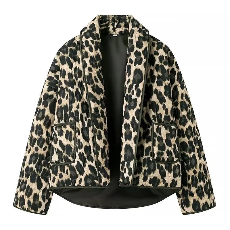 Kvinnors Quiltad Jacka Leopardmönster Hållbart Isolerande Material 9