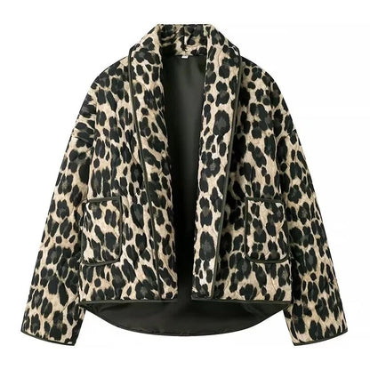 Kvinnors Quiltad Jacka Leopardmönster Hållbart Isolerande Material 9