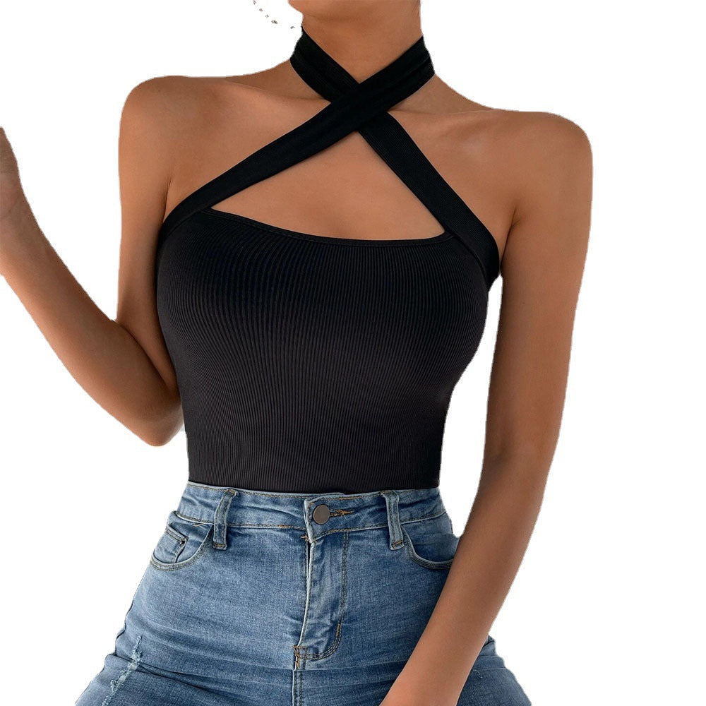 Dam Tank Top Bakre Band Bomullsblandning Elastisk Design-5