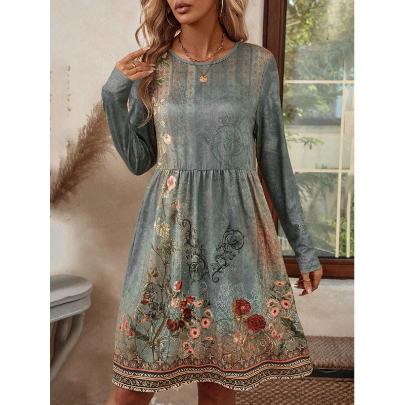 Kvinnor Midi Klänning Blommig Långärmad Polyester-1