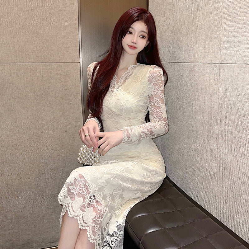 Dam Klänning Midi V-ringning Långa Ärmar Högkvalitativt Tyg-4