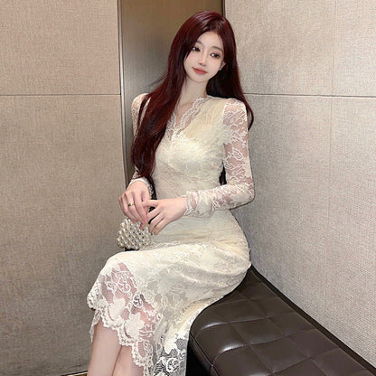 Dam Klänning Midi V-ringning Långa Ärmar Högkvalitativt Tyg-4