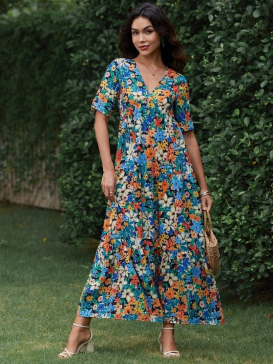 Kvinna Bohemisk Klänning V-hals Lång Polyester 5