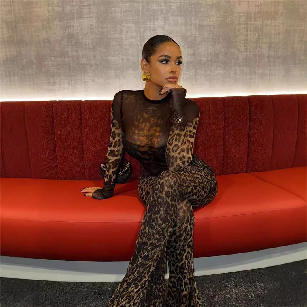 Dam Leopardprint Topp och Byxor Set Spandex Polyester-5