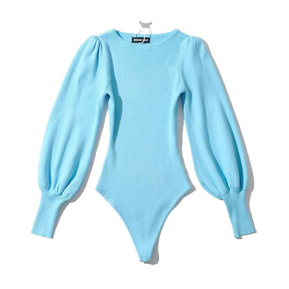 Variant image for Kvinnor Bodysuit Långärmad Puffärmar Ribbat Elastiskt Tyg-2