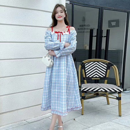 Kvinna Prickad Klänning Långärmad Polyester Fyrkantig Halsringning-2