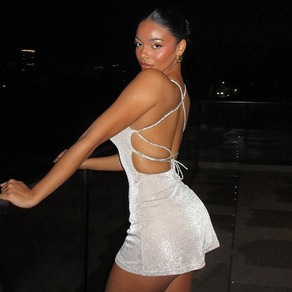 Kvinnors Glittrig Miniklänning Justerbara Spaghettiband Skimrande Polyester-4