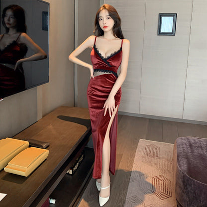 Dam Klänning Djupt Klippt Spets Sammet Snäv Passform-3