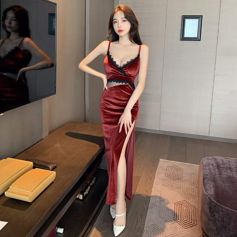 Variant image for Dam Klänning Djupt Klippt Spets Sammet Snäv Passform-4