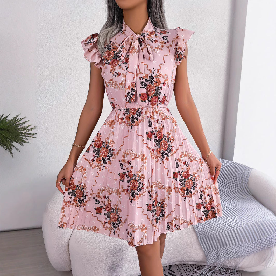 Dam Blommig Sommarklänning Ärmlös Polyester med Veckad Design-3