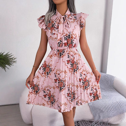 Dam Blommig Sommarklänning Ärmlös Polyester med Veckad Design-3