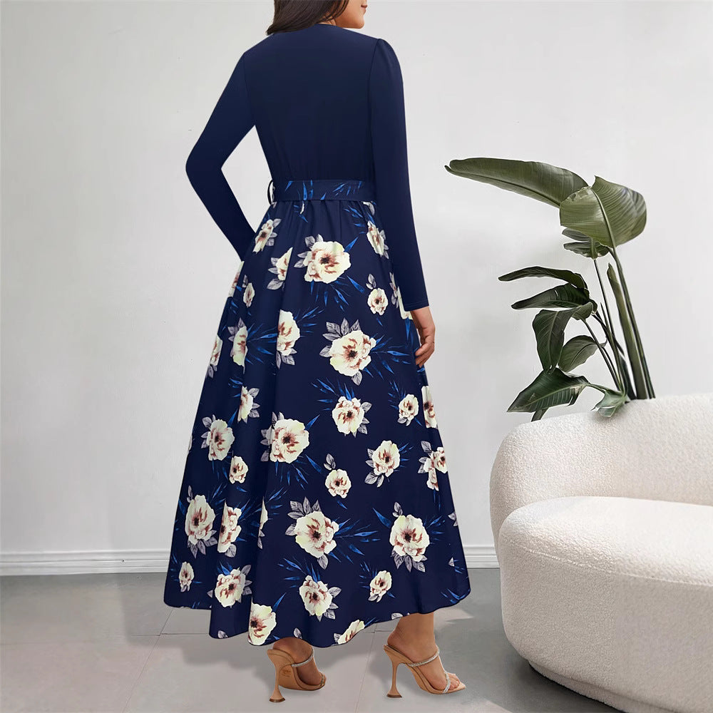 Maxiklänning Dam Asymmetrisk Blommönster med V-ringning – Polyester, Bekväm Passform för Festliga Tillfällen 3