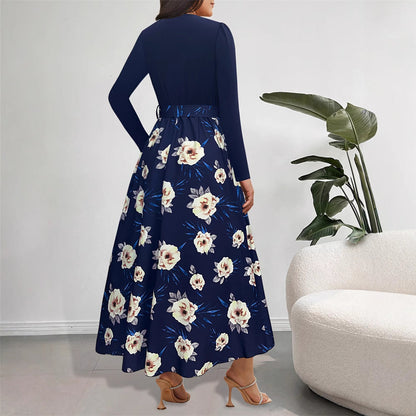Maxiklänning Dam Asymmetrisk Blommönster med V-ringning – Polyester, Bekväm Passform för Festliga Tillfällen 3
