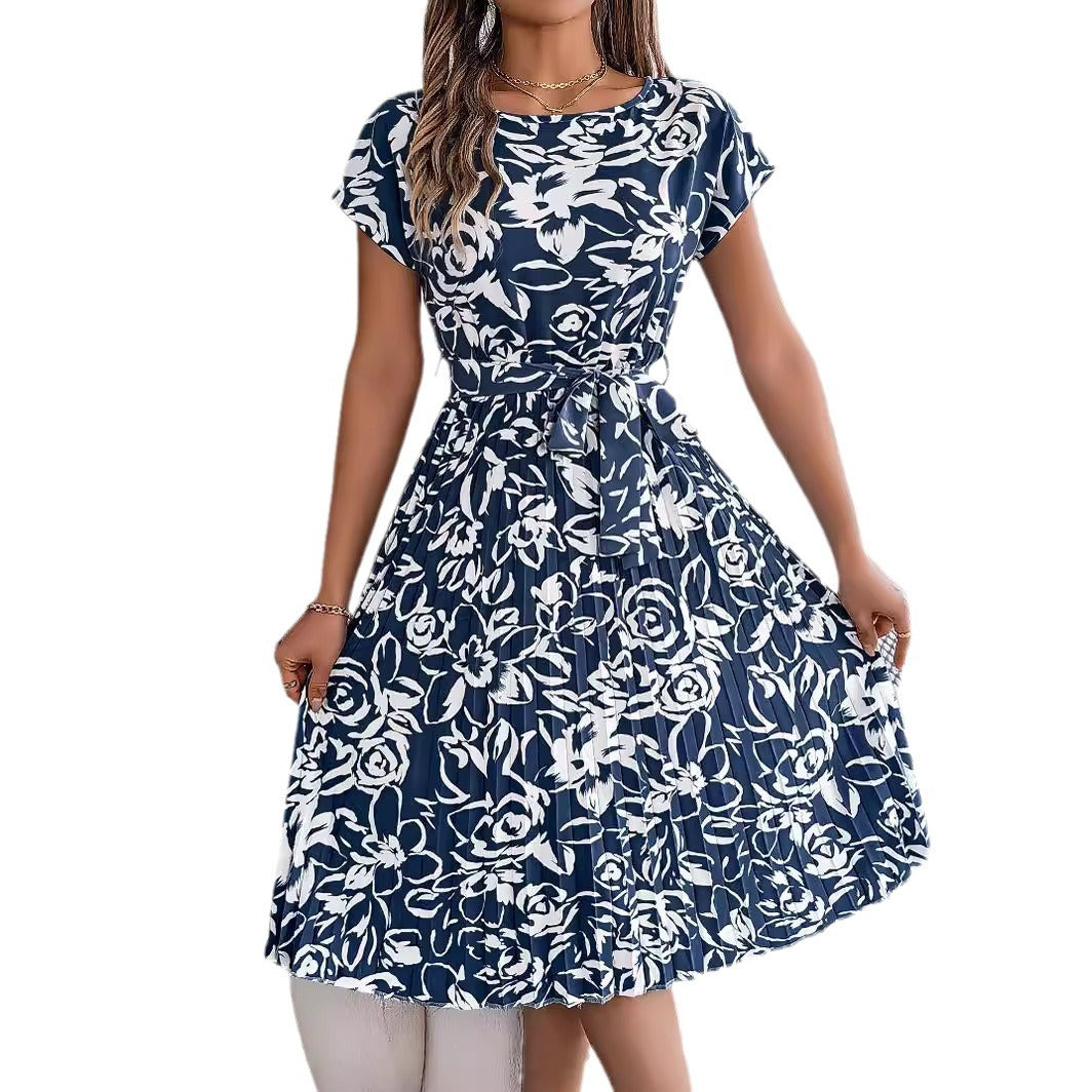 Dam Klänning Blommig Kortärmad Veckad Polyester-6